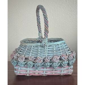 Woven Pastel Basket with Handle Vintage Decorative Storage Decor
